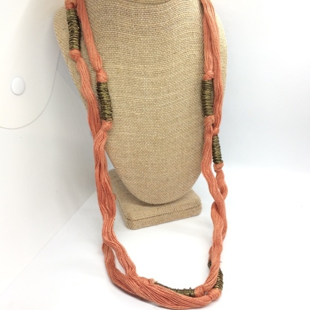 ARTISAN FIBER NECKLACE Brass Ring Textile Wearable Art Lagenlook